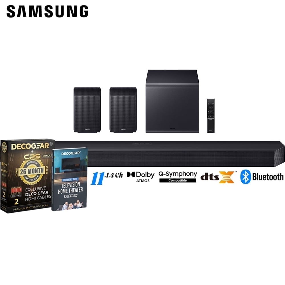 Samsung Q Series Soundbar HW-Q990F 11.1.4 ch Subwoofer + Rear Speaker (2025) Q-Symphony Bundle with CPS Exclusive 26 Month Protection Pack & Deco Gear Complete Home Theater Beginner's Guidebook