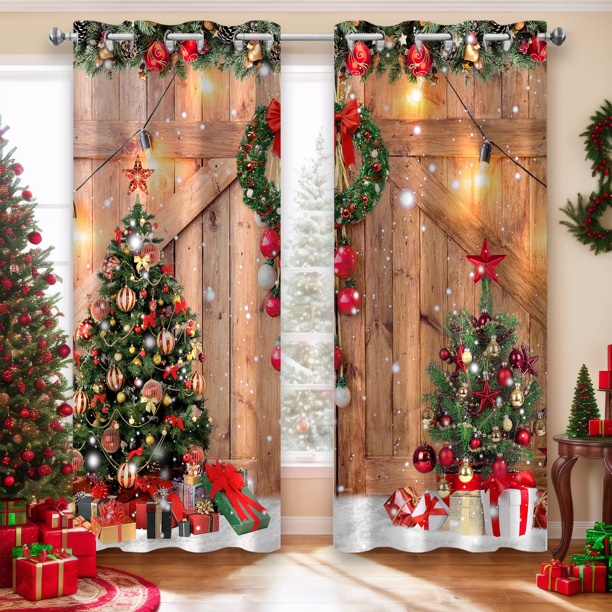 Farmhouse Christmas Black Out Window Curtains, Rustic Country Vintage Winter Pine Tree Xmas Ball Gift Snowflake Wood Barn Decor for Bedroom, Living Room, Grommet Window Drapes 2 Panel Set, 52"x84"