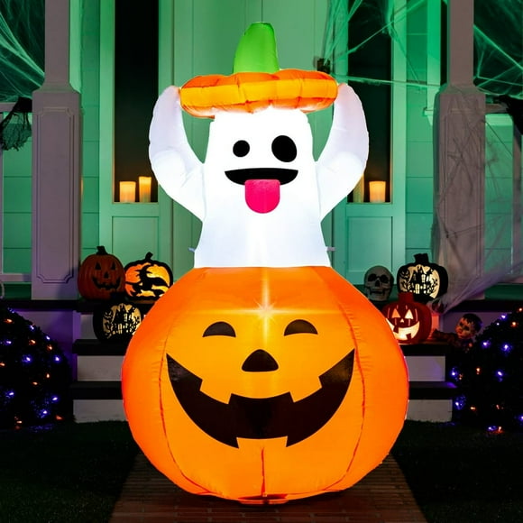 Halloween 5 FT Inflatable Ghost in Pumpkin with Build-in LEDs Blow Up Inflatables for Halloween Party Indoor  Outdoor  Yard  Garden  Lawn