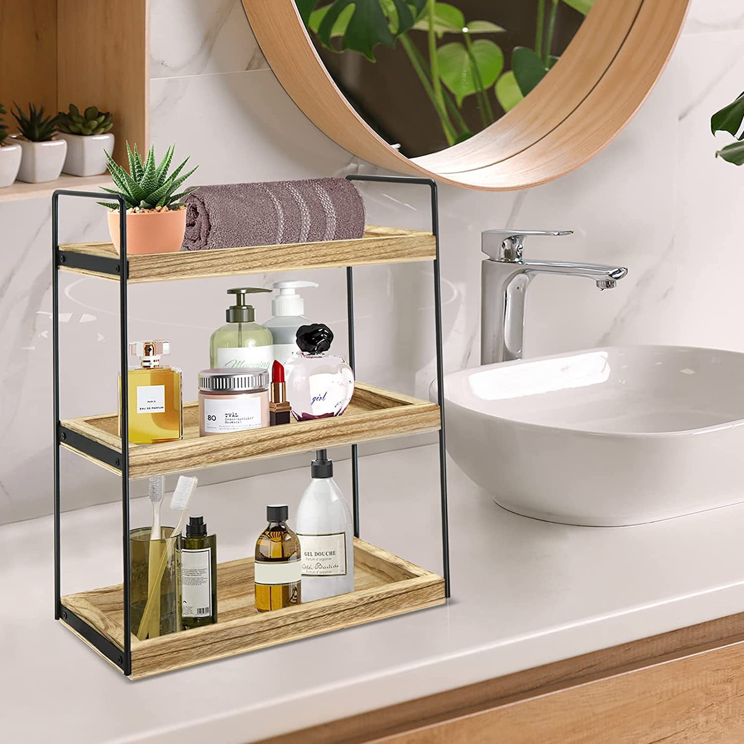 ZeenArt 3-Tier Bathroom Counter Organizer, Wood Countertop Storage Shelf for Kitchen Bedroom Offices
