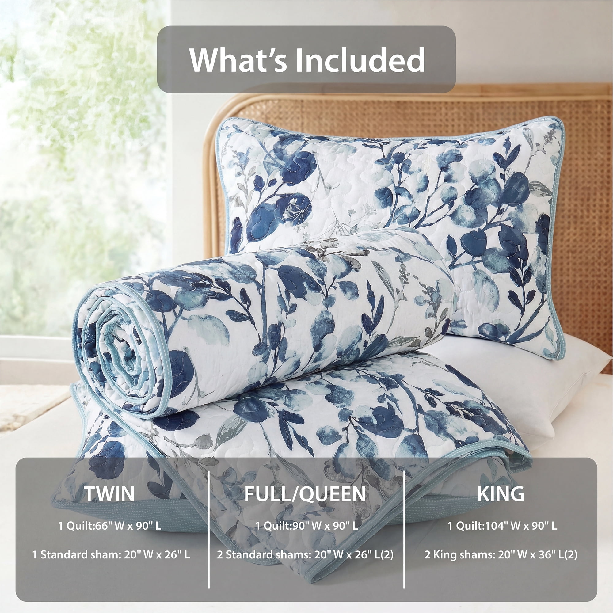 Regency Heights Twin Botanical Quilt Set for Dorm, 2-Piece Reversible Floral Summer Quilt Coverlet Bedding Set, Blue Quilted Bedspread with Sham for All Season