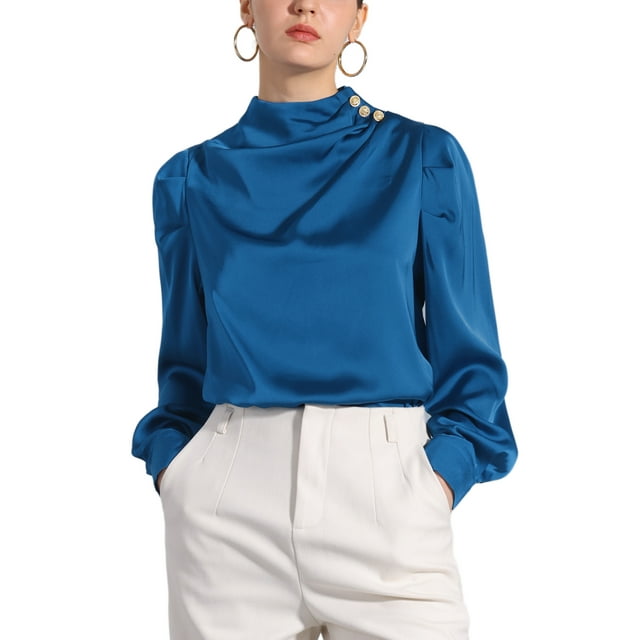 Blusa de satén para mujer Inspire Chic con cuello alto, mangas abullonadas y pliegues, talla M azul