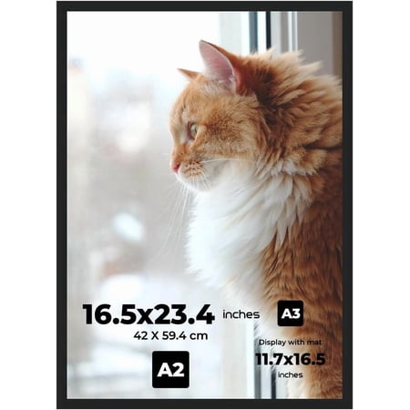A2 Picture Frame 16.5"x23.4" Premium Plastic - Glossy Black Frame with Shatterproof Plexiglass Cover Wall Mounting Hardware Included - Ideal for Posters, Prints, Artworks, Certificates and Photos