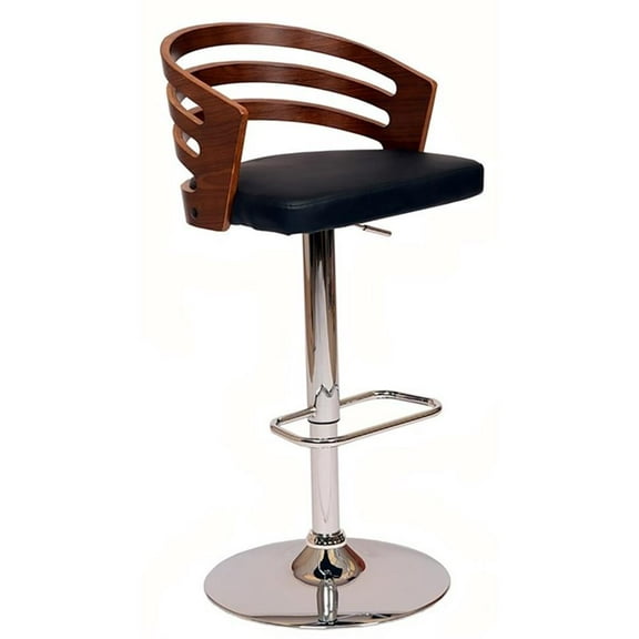 Allora 44.17" Modern Faux Leather Swivel Barstool in Black/Walnut/Chrome