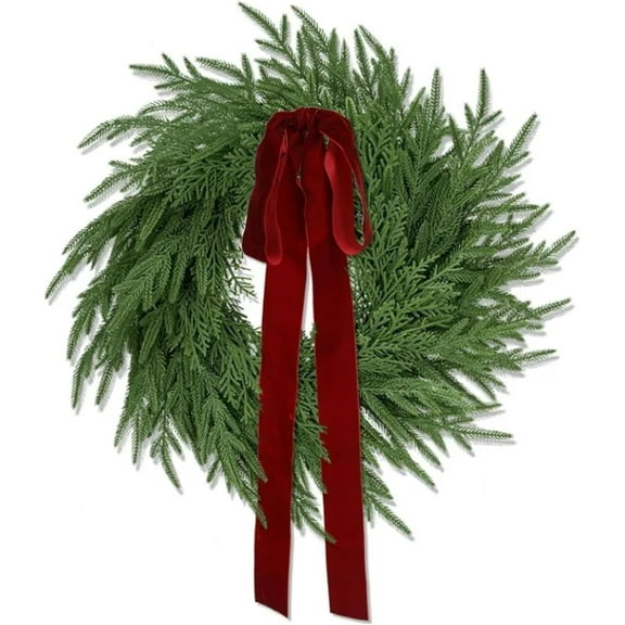 laqbezok 24" Artificial Christmas Wreaths for Front Door, Norfolk Pine & Cedar Christmas Wreath with Red Bow, Real Touch Faux Greenery Wreath Holiday Decoration for Indoor Outdoor Use