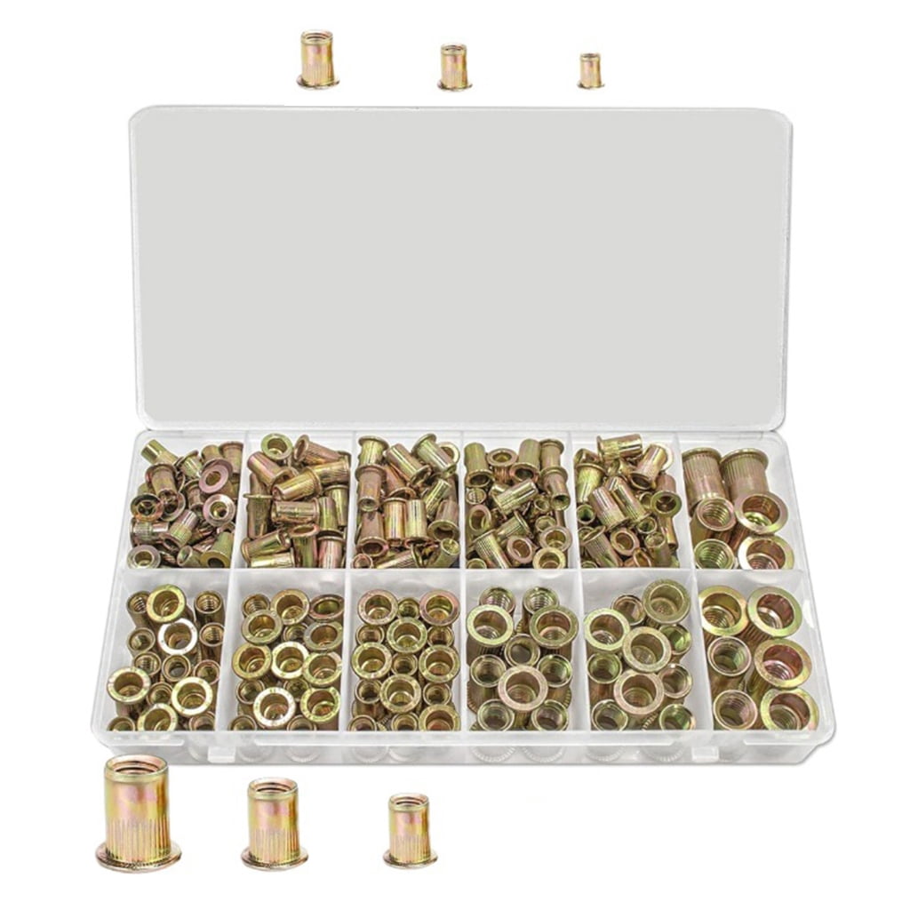 240pcs Flat Head Serrated Rivets Nut Set Galvanized Carbon Steel Nut set Carbon Steel Flat Head Rivets Nut for Fastening