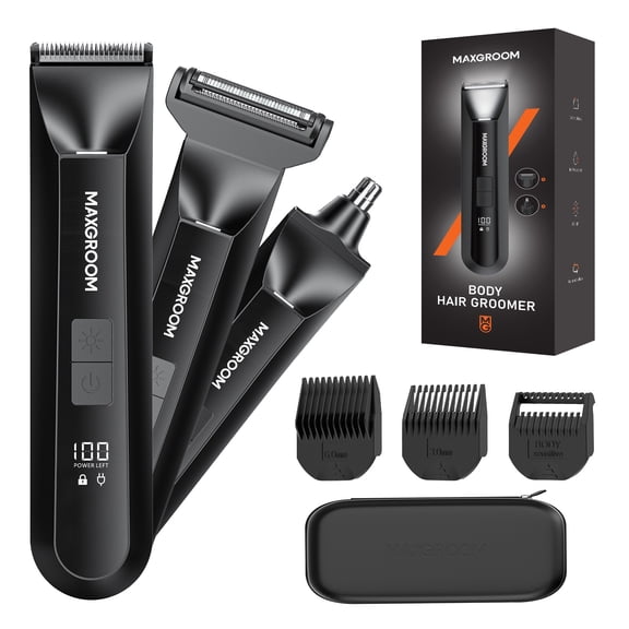 MAXGROOM 3-in-1 Body & Pubic Hair Trimmer for Men, Dual-Speed Body Groomer with Foil Shaver & Nose Trimmer, IPX7 Waterproof, LED Light, USB-C Rechargeable, Travel Pouch