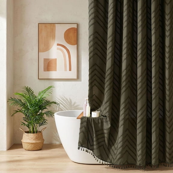 Boho Shower Curtain with Tassel Woven Fabric Olive Green Shower Curtain 72 x 72 Modern Farmhouse Textured Tufted Chevron Striped Minimalist Bathroom Shower Curtains