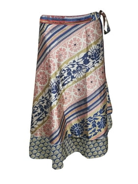Mogul Women Peach,Blue Vintage Wrap Skirt Beach Wear Reversible 2 Layer Floral Print Cover Up Sarong Dress