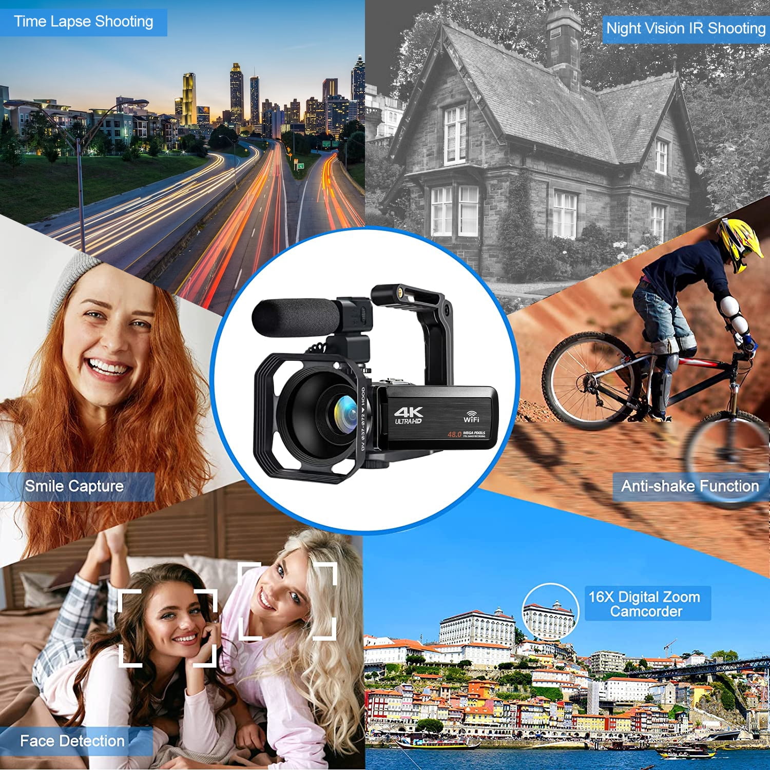 KLIOMAX 4K Video Camera Camcorder 48MP Auto Focus Vlogging Camera for YouTube 60FPS 18X Zoom Digital Video Camera with WiFi, Webcam, Mic, Stabilizer, 64GB SD Card, Card Reader, Remote Control