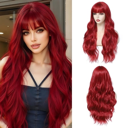 Red Wig With Bangs Long Curly Wavy Red Wigs for Women 26 Inches | Natural Looking Heat Resistant Fiber Wig for Daily Party Use