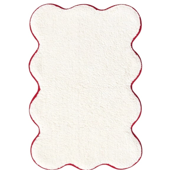 Scalloped Cream & Red Cotton Bath Rug, Soft & Plush 20x30