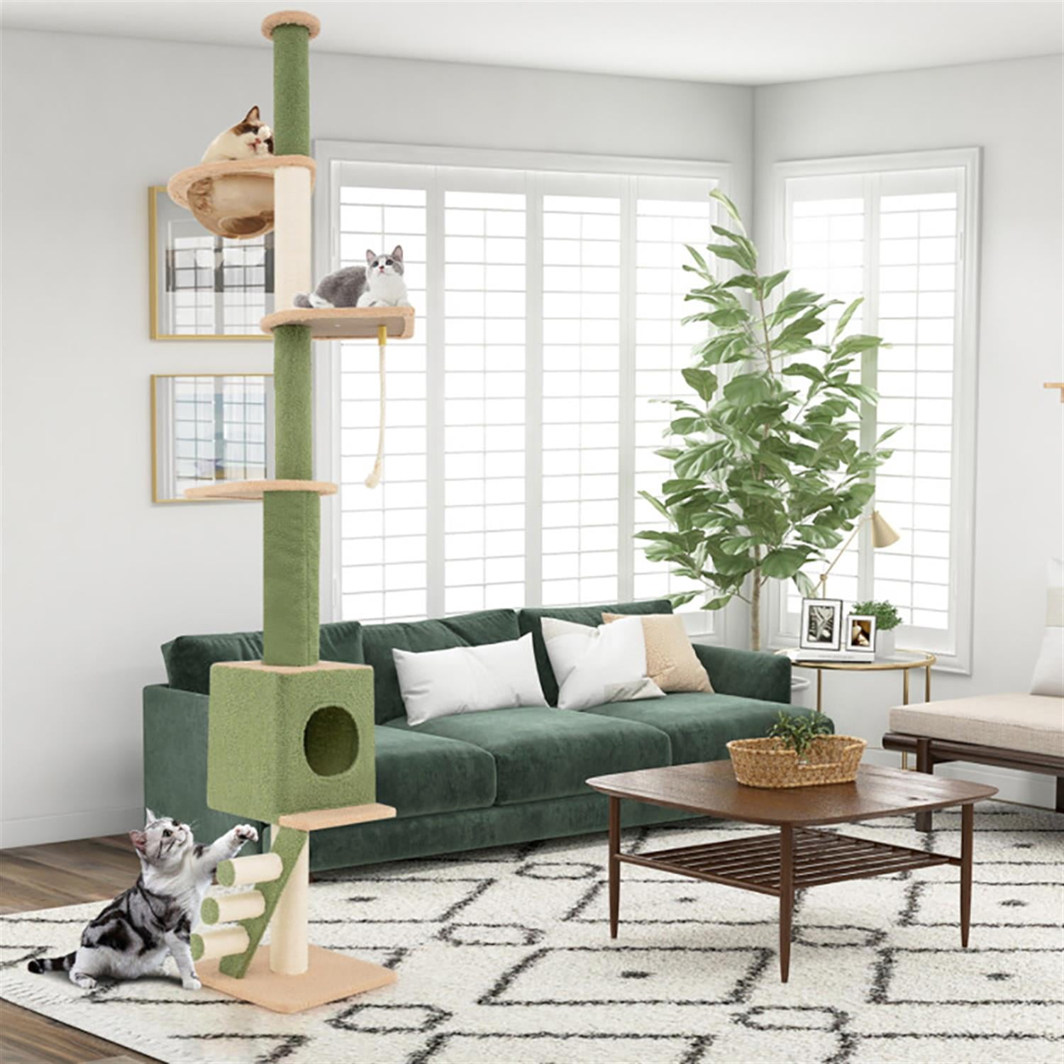resenkos Modern Floor to Ceiling Cat Tree with 86-99.5 Inch Adjustable Height, Cat Tower Condo for Indoor Cats with Cozy Condos and Extra Post, Green