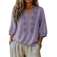 thumbnail image 3 of Cotton Linen Shirts for Women Trendy Retro Embroidered 3/4 Sleeve Boho Blouse Dressy Casual Bohemian Tops Loose Tunics ,M,#01 Purple, 3 of 6