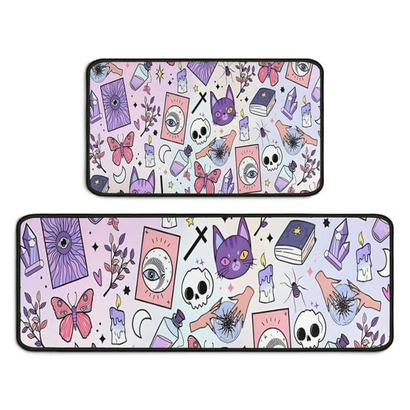 Purple Gothic Cat Crystal Pattern Kitchen Rugs Sets Of 2,Anti Fatigue Kitchen Mat Rugs Non Slip Washable,Decorative Kitchen Floor Mats for Kitchen,Sink,Laundry,17"X30" 17"X47"