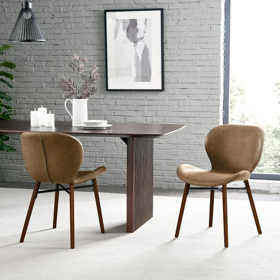 Kithkasa Mid Century Modern Dining Chairs Set of 2,18" Seat Height,Faux Leather Side Chair with Wood Legs for Kitchen Dining Room,Brown