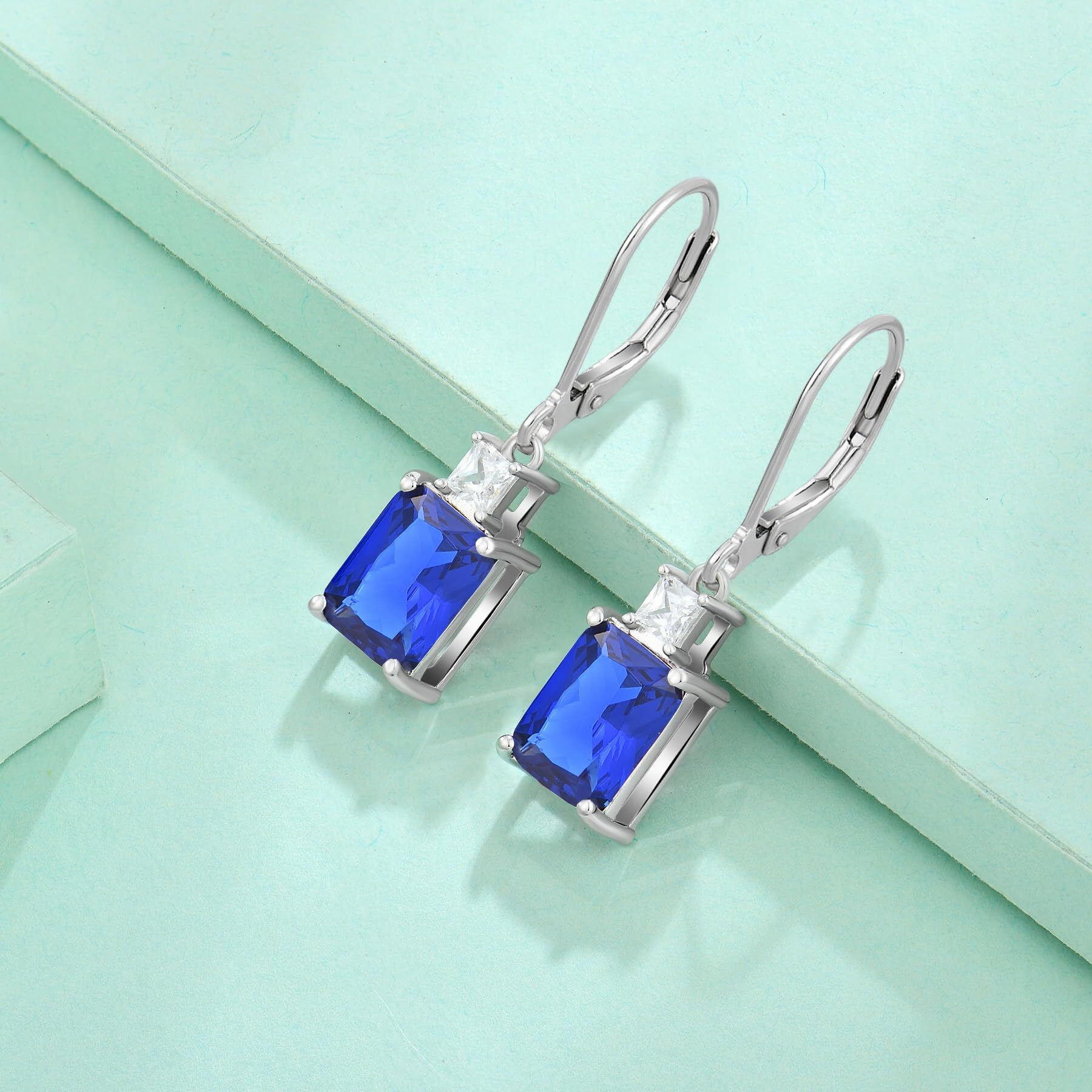 Starchenie Princess/Emerald Brilliant Cut Birthstone September Sapphire Earrings for Women Dangle Earrings Sterling Silver Leverback Earrings Birthday Anniversary Jewelry Gift
