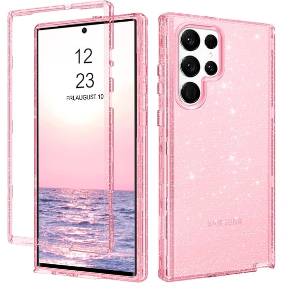 for Samsung Galaxy S22 Ultra 6.8" 5G Case Glitter Full Body Protective 3 in 1 Heavy Duty Hybrid Hard PC Rugged Shockproof Women Transparent Bling Sparkle Cover for Samsung S22 Ultra, Pink Clear