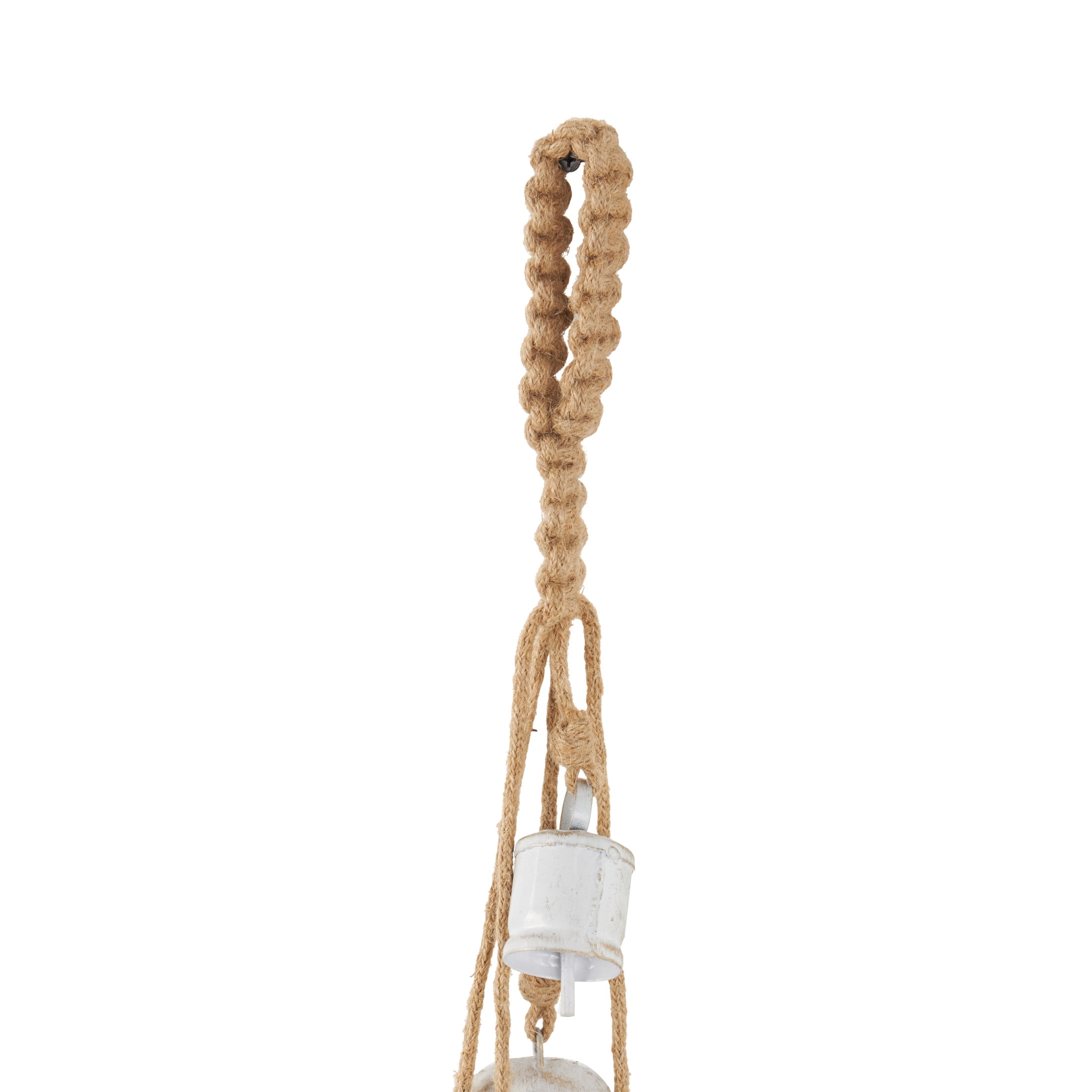 DecMode Tibetan Inspired Cascading White Metal Various Shapes Decorative Bells with 5 Bells on Jute Hanging Rope