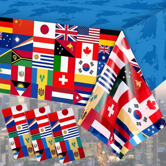 Colorful International Flag Tablecloth Set - 3 Pack Patriotic Plastic Table Covers for World Cup Soccer Sports Events, Festival Celebrations, Party Decorations, 108 x 54 Inches