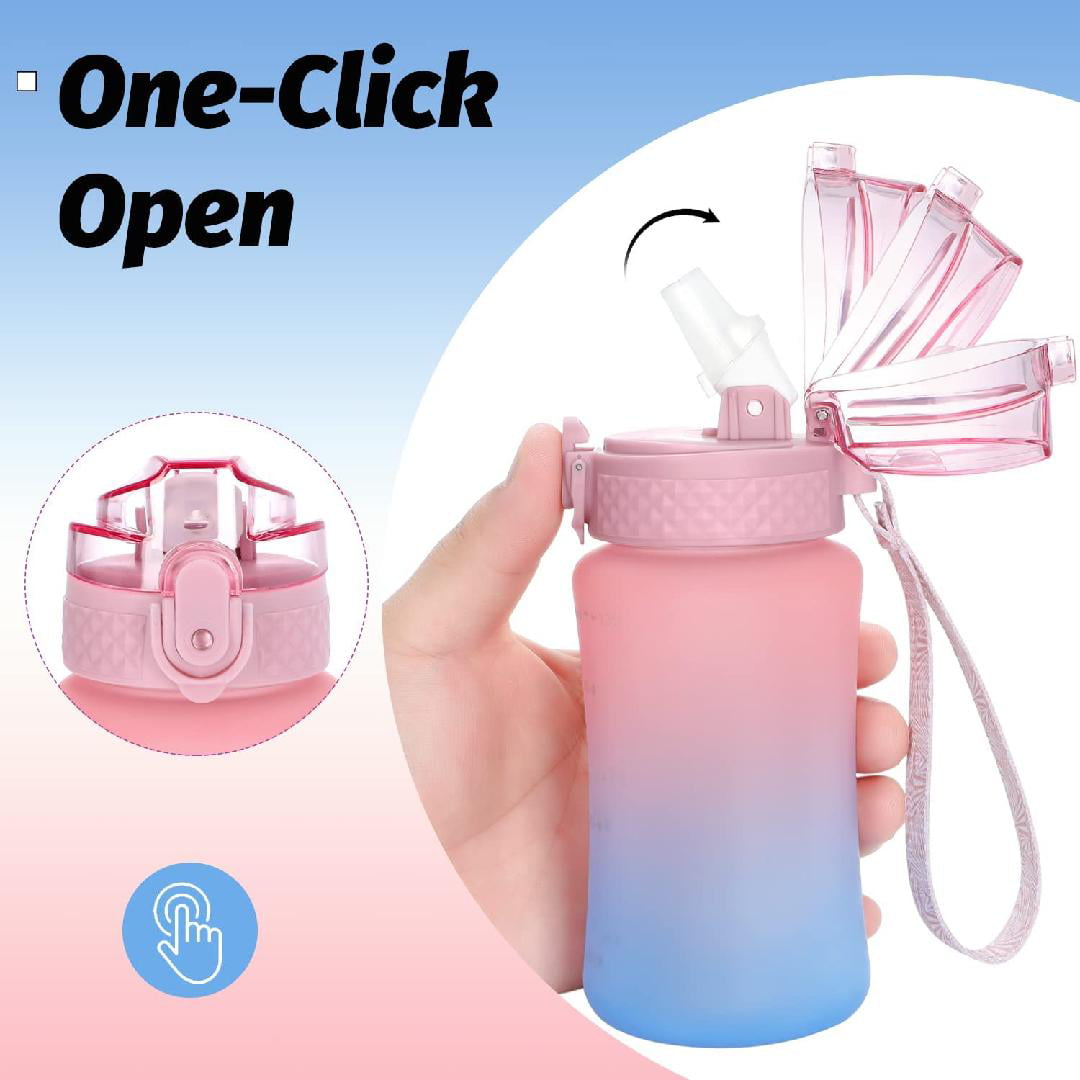 Kids Water Bottle with Straw & 10 Stickers 12 oz BPA Free Reusable  Motivational Water Bottles with Time Marker/Measurements Leak-proof  One-click-open Easy to Carry & Use for Toddler Boys Girls School 