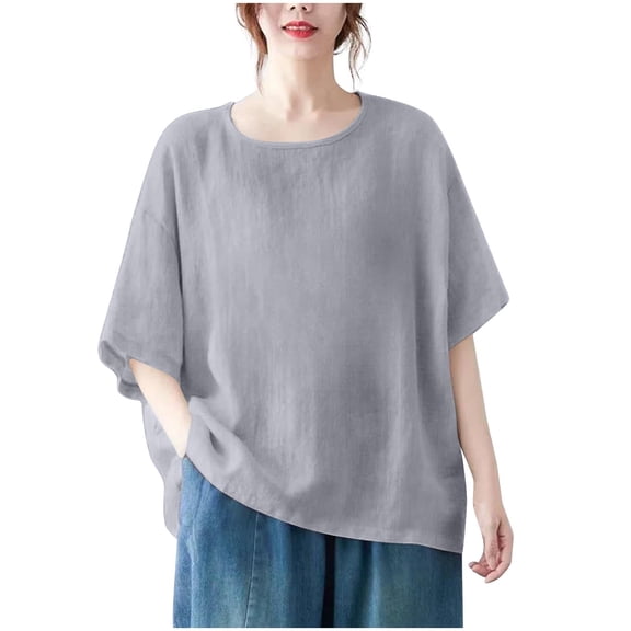 Zwiiyzr Women's T-Shirt Solid Color Half Sleeved Crew Neck Blouse A-Gray (L)