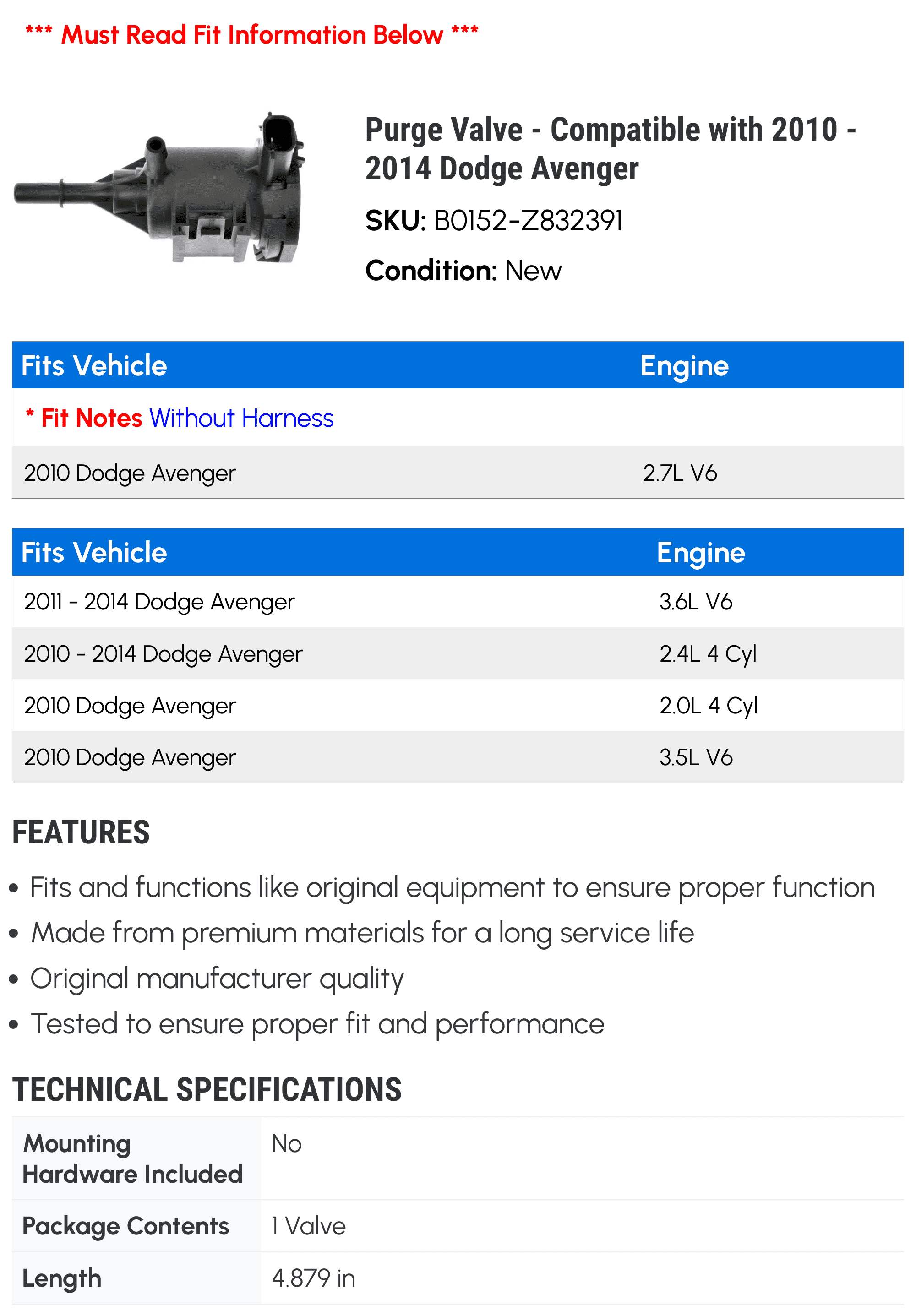 Purge Valve - Compatible with 2010 - 2014 Dodge Avenger 2011 2012 2013