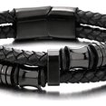 thumbnail image 3 of Pulsera de cuero trenzado negro de doble hilera para hombre Pulsera Correa de muñeca Charm de acero inoxidable negro, 3 of 5
