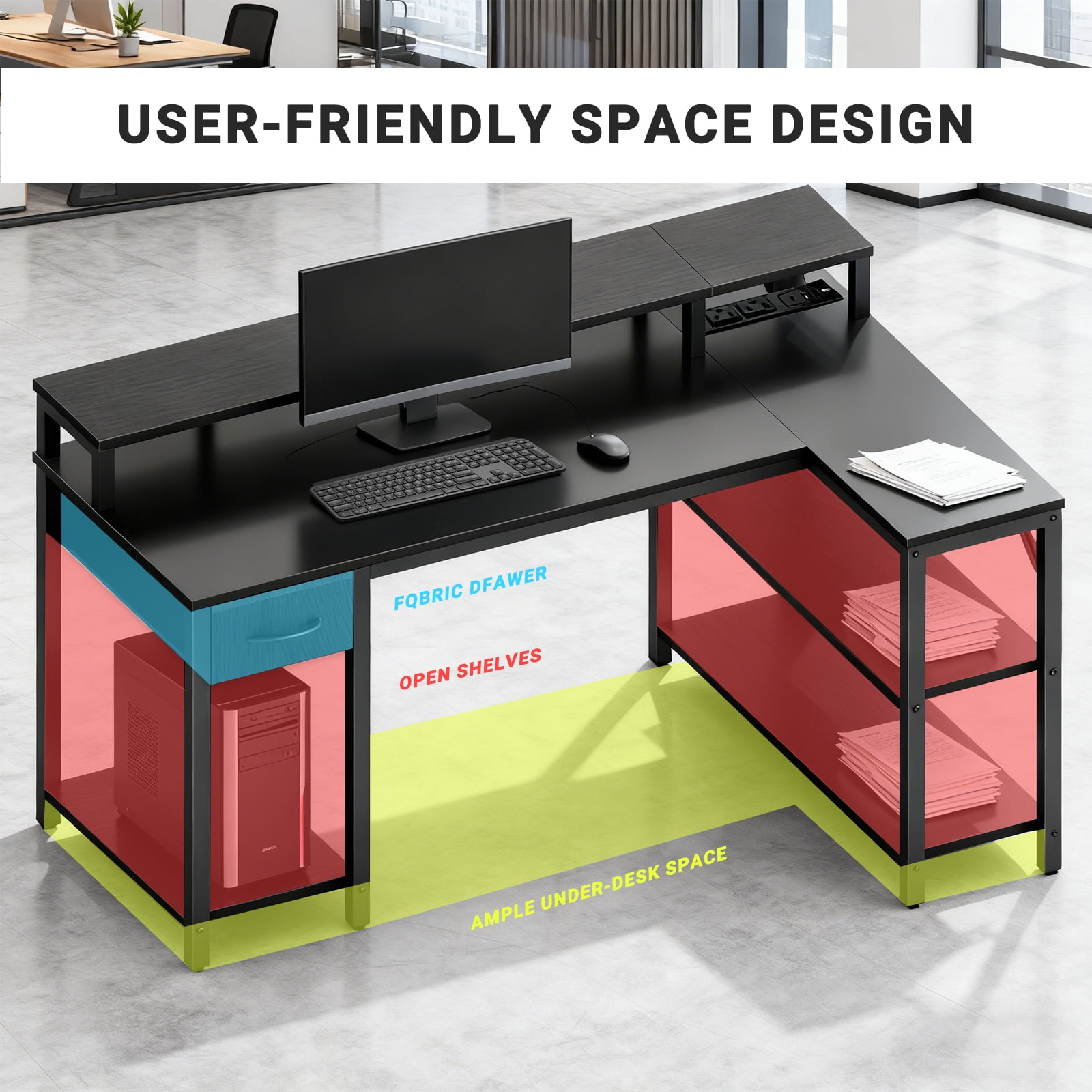 KPUY 47” Reversible L Shaped Gaming Desk with USB Charging Ports, LED Light and Monitor Stand, Corner Computer Table with Power Outlets, Storage Shelves, Black