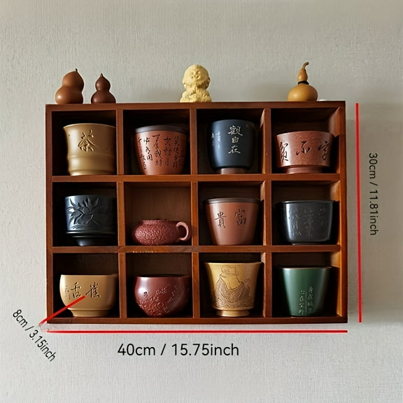Vintage Solid Wood Storage Box and Cup Organizer - Rustic Wooden Desktop Shelf with 8 Compartments, Wall-Mount Option for Kitchen, Office, or Living Room Decor, Display Item|Rustic Decor|Natural