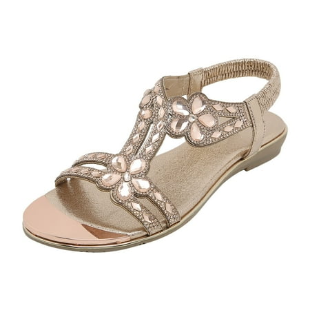 

Xboschi Womens Sandals Comfortable Comfortable Sandals For Women Summer Elastic Band Rhinestone Casual Open Toe Flat Soft Bottom Breathable Shoes Sandals