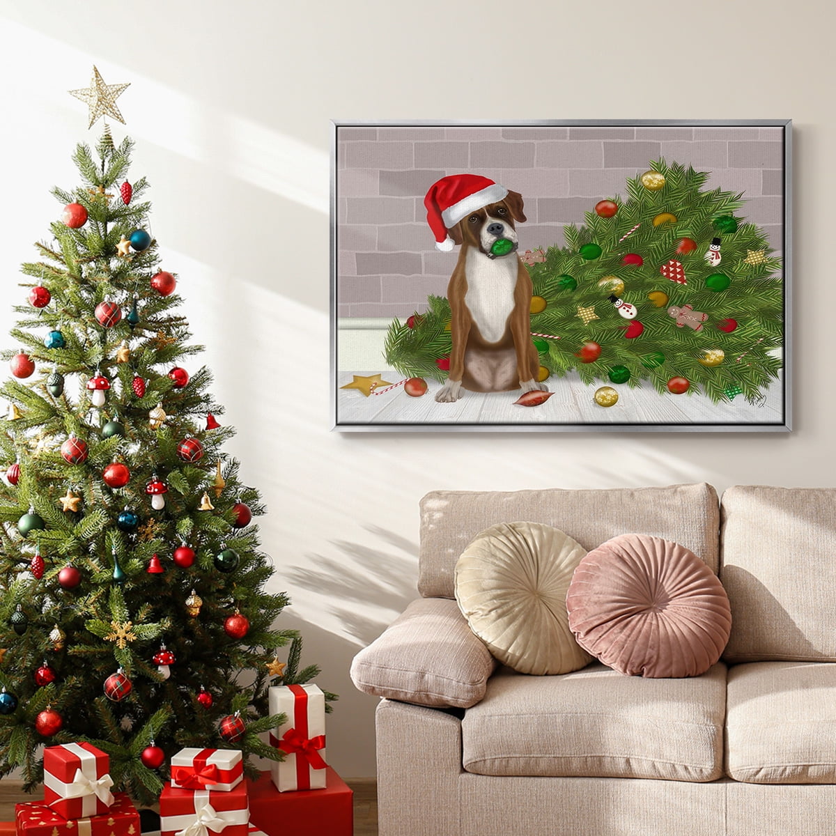 Christmas Boxer and Broken Christmas Tree - Framed Gallery Wrapped Holiday Canvas - 17 x 25 - Silver Frame