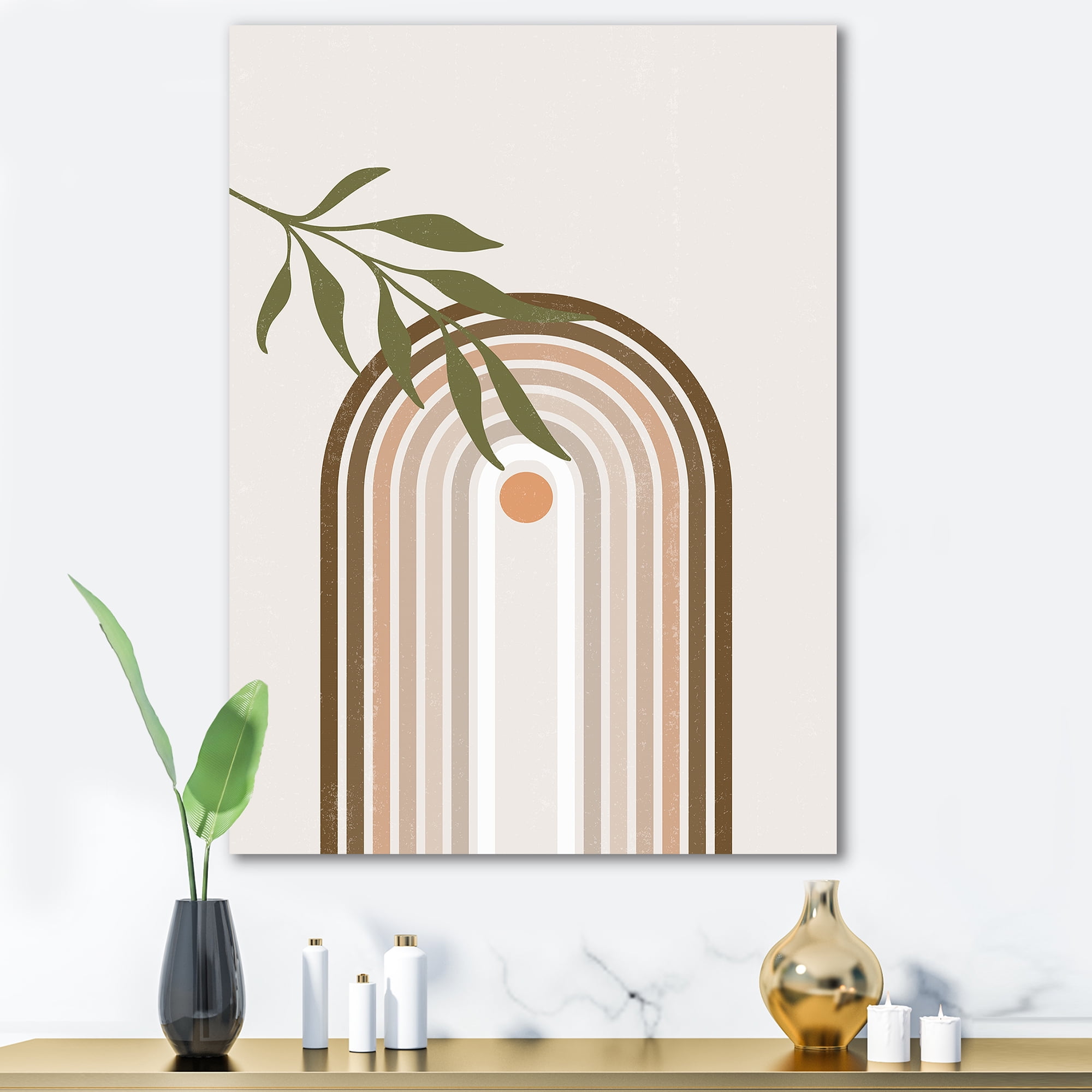 Designart ' Abstract Moon and Sun With Green Leaf I ' Modern Canvas Wall Art Print