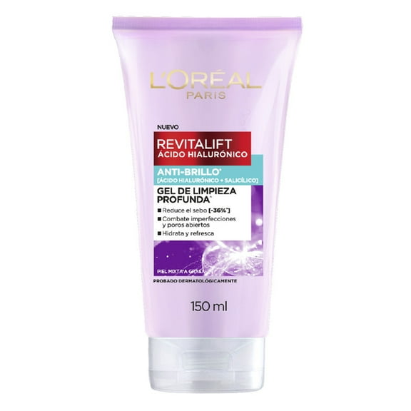 Gel de limpieza L'Oréal revitalift control de brillo con ácido hialurónico 150 ml