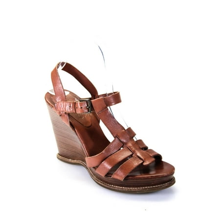 

Pre-owned|KORS Michael Kors Womens Leather Strappy Wooden Wedge Heels Brown Size 7.5