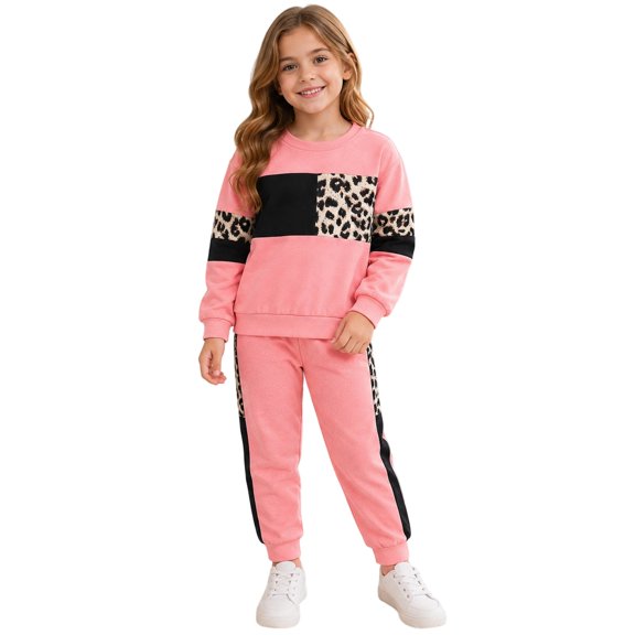 Gaexia Girls Tracksuit Leopard Print Long Sleeve Set, Matching Joggers Two Piece Outfit, Cozy Athletic Wear for Fall Winter