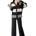 thumbnail image 3 of Dvprdro 2 Piece Lounge Outfits for Women Solid Color Fashionable Casual Loose High Waist Knit Suit V Neck Button Down Cardigan Matching Wide Leg Pants Set Fall Winter Casual Tracksuits Travel Outfits, 3 of 4