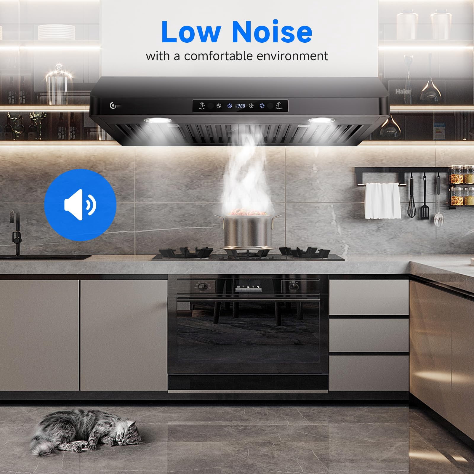 Aobosi Under Cabinet Range Hood 30 Inch, 750CFM Stainless Steel Kitchen Stove Vent Hood 3 Speed Exhaust Fan Touch/Remote/Gesture Control, Black