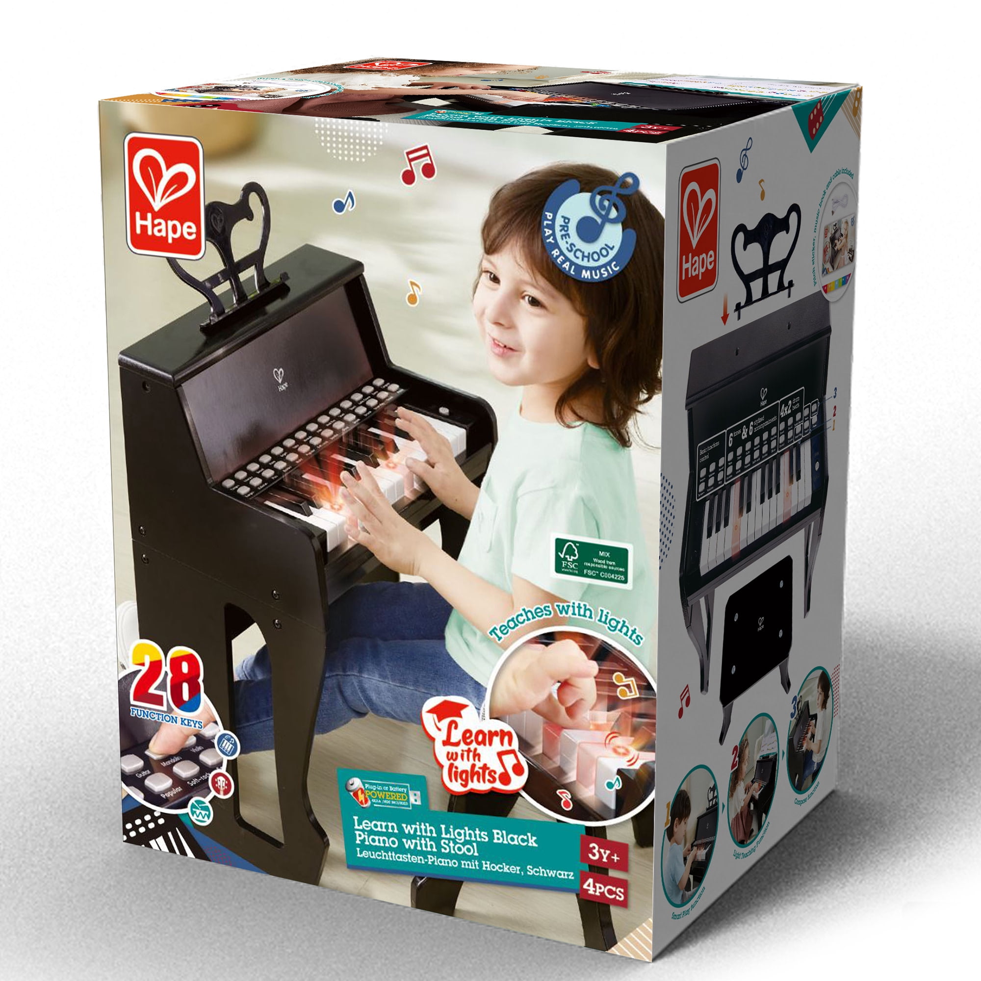 Hape: Learn With Lights Piano w/ Stool - Black - Wooden Electric Musical Toy, 25 Light-Up Keys, Demo Tunes, Record & Playback, Instrument, Kids Age 3+