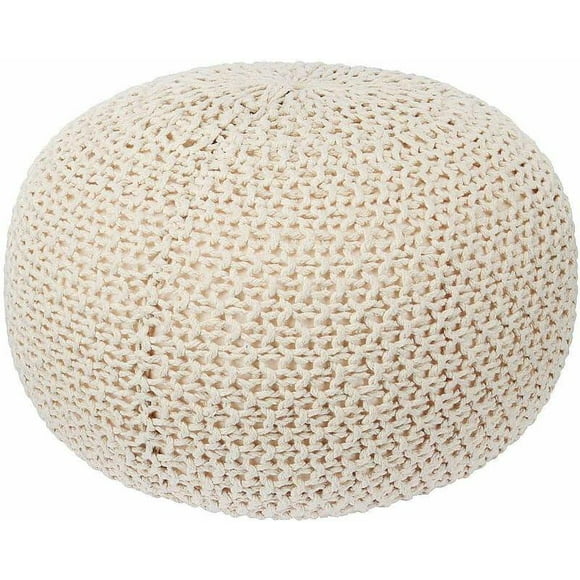 Round Pouf Ottoman, Knit Modern Floor Pouf Round Footstool, Cotton Comfy Pouffe Seat, 17.7" Dia x 11.8 High, Beige
