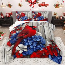 Feelyou 3D Red Robin Queen Comforter Set for Teens, Blue Flower Floral Bedding Sets, Rustic Lodge Cabin Reversible Bedding Comforter Set, Luxury Bedroom Decor, 3-Piece