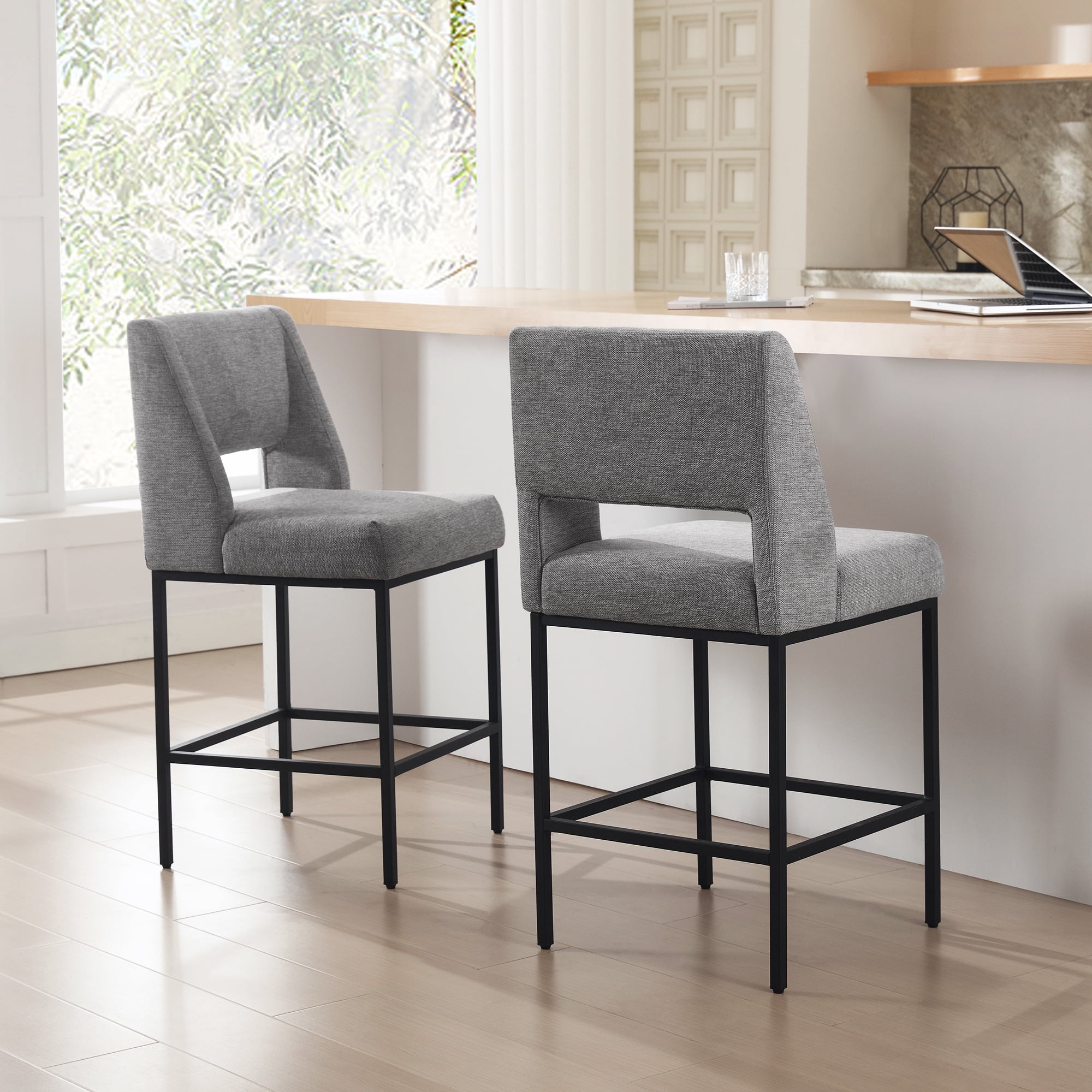 Zesthouse 26.4" Modern Counter Stools Set of 4, Linen Fabric Bar Stools with Back and Metal Legs, Extra Thick Upholstered Counter Height Chairs for Kitchen Island, Gray