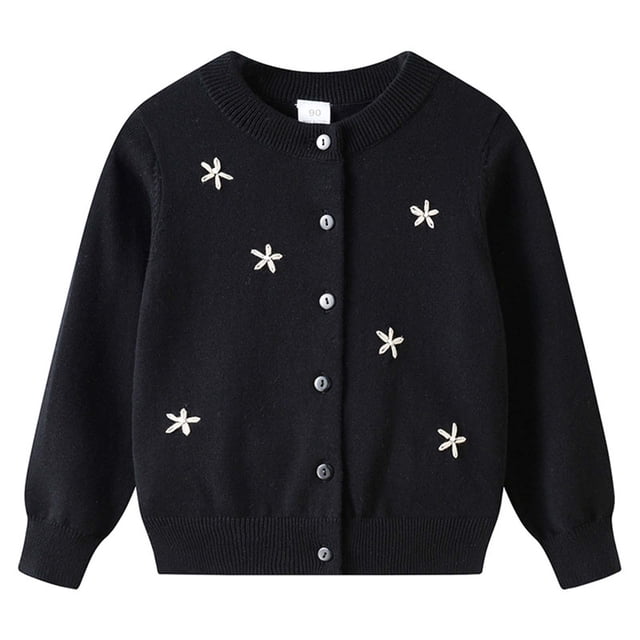 Splozh Cardigan Sweaters for Fall Childrens Comfortable and Warm Knitted Cardigan Childrens Flower Embroidery Sweater Cardigan Jacket Black,9-10 Years