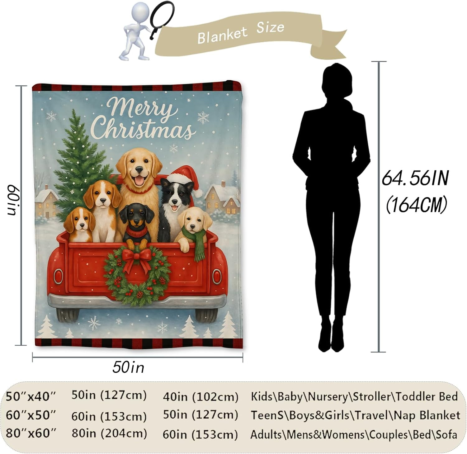 Christmas Dogs Blanket, Soft Lightweight Flannel Cute Puppies in Red Truck Blanket for Couch, Bed, Travel & Home Decor, Cozy Warm Fuzzy Holiday Blankets Gifts for Women Women Dog Lovers 60×50 in