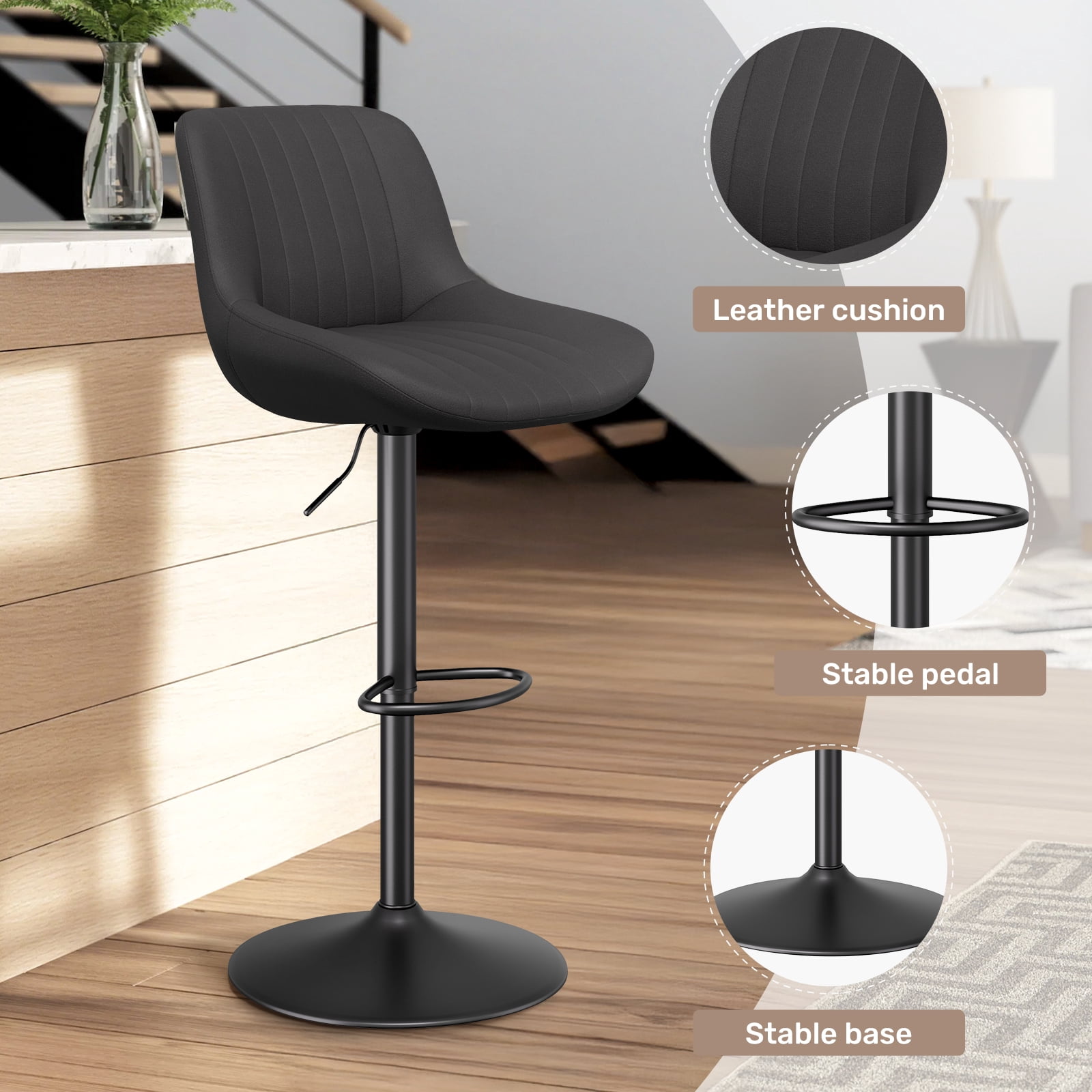 Daluvenix Adjustable Bar Stools Set of 4, Swivel Kitchen Bar Chairs with Back, Modern Tech Fabric Island Chairs for Home Kitchen, Black