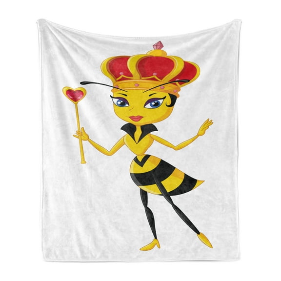 Queen Bee Soft Flannel Fleece Throw Blanket, Cartoon Style Crown and Wand Heart Design Insect Image, Cozy Plush for Indoor and Outdoor Use, 60" x 80", Scarlet Black Yellow, by Ambesonne