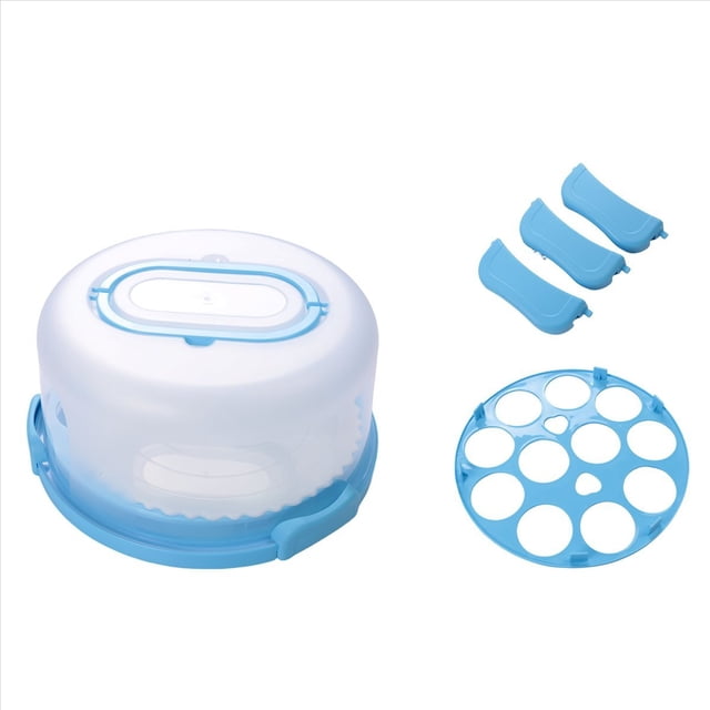 Portador de Magdalenas con Tapa y Asa + Placa de Soporte para Pasteles con CúPula Soporte Redondo para Contenedores de Pasteles de 10 Pulgadas con Cubierta Azul