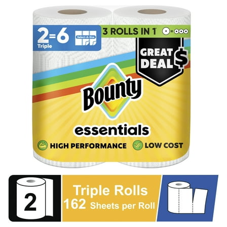 Bounty Essentials Select-A-Size Paper Towels, 2 Triple Rolls, White, 162 Sheets Per Roll