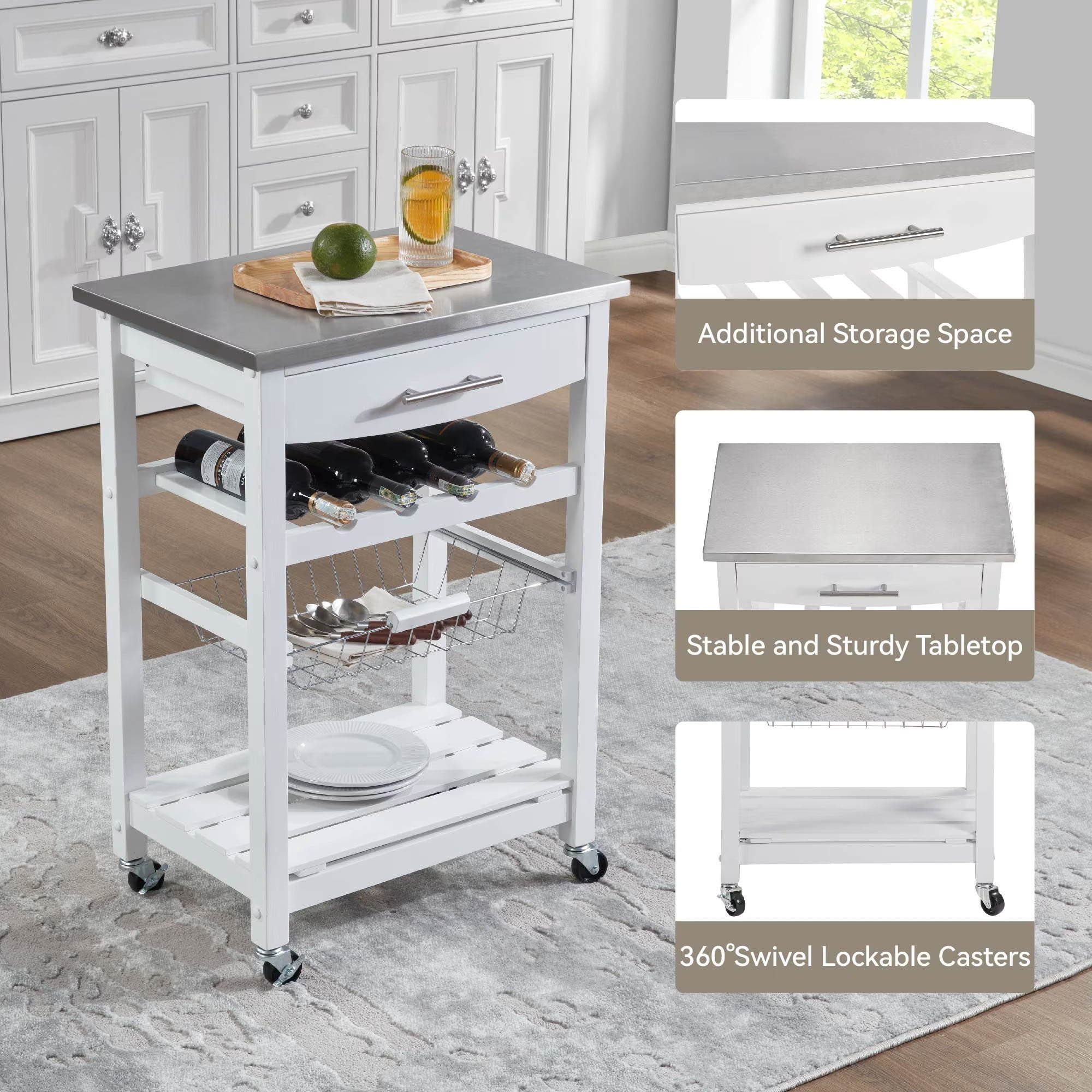 Avobird Kitchen Island Cart, Mobile Kitchen Cart with 22inch Stainless Steel Countertop/Underneath Drawer/Slide-Out Wire Storage Basket, White