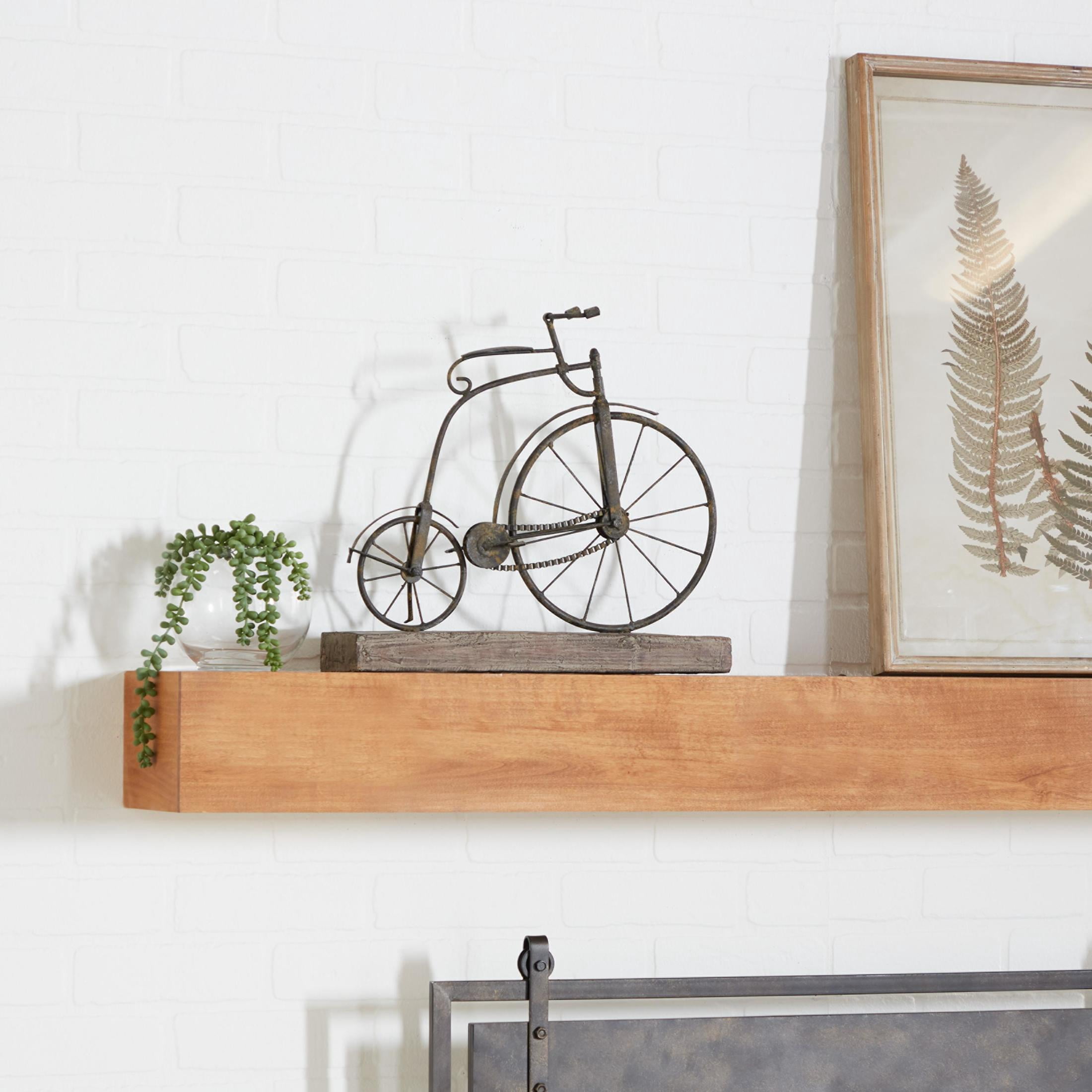 16" x 14" Black Metal Weathered Vintage Bike Sculpture with Wood Block Base, by DecMode